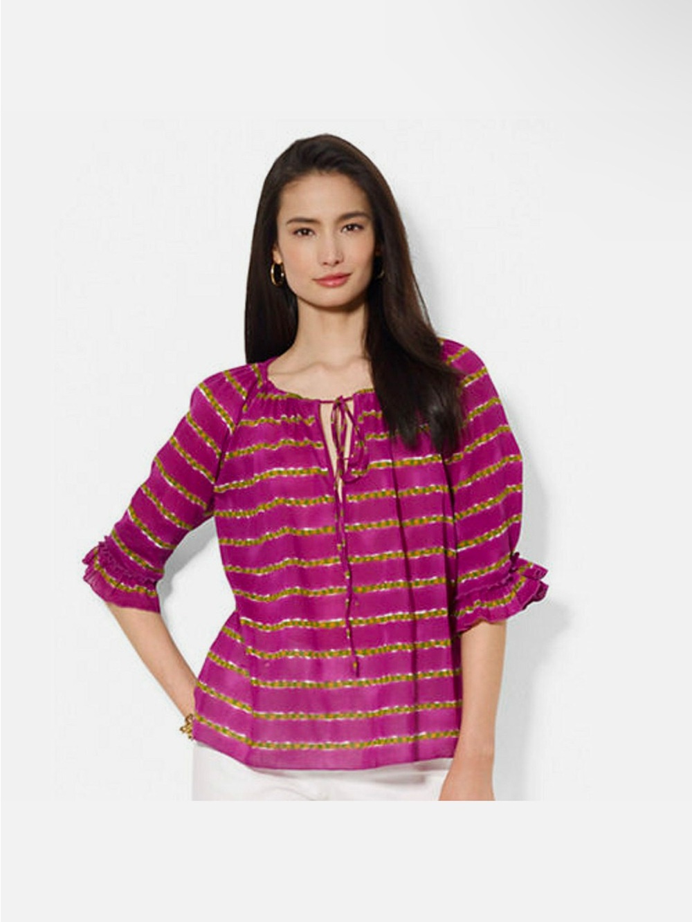 LAUREN RALPH LAUREN Plus Amethyst Purple Multi Crinkled Peasant Blouse 1X NEW